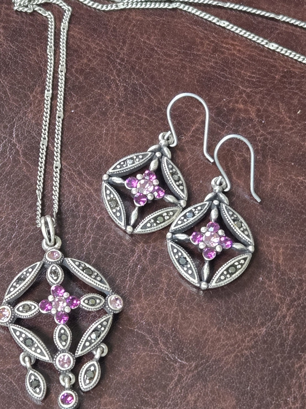Vintage-Inspired Amethyst & Marcasite Pendant Necklace and Earring Set #M2 - Picture 5 of 5